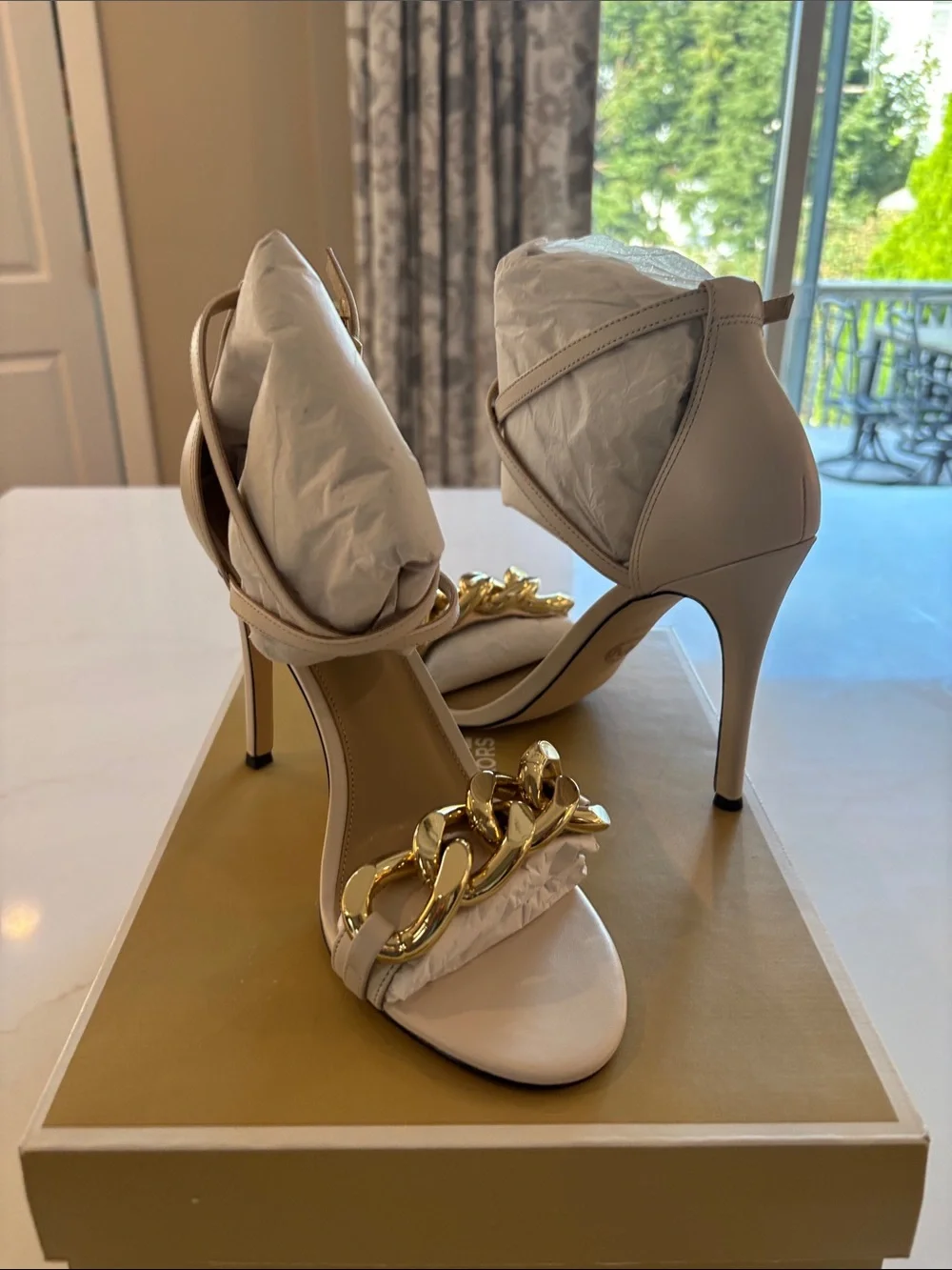 Michael Kors Cream Stiletto Sandal with Gold Chain Accent
